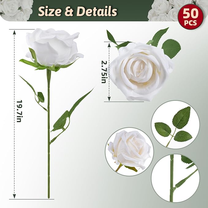 White Roses Artificial Flowers 50 Pack in Bulk, Fake Roses Flowers Realistic Roses for Wedding Home Party Decoration Event Gift (White)