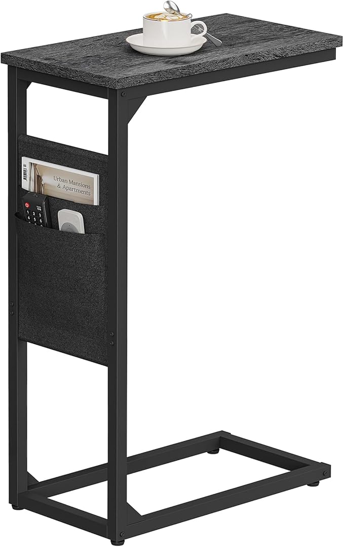 TUTOTAK C Shaped End Table, Side Table for Couch, Sofa Table with Storage Bag, TV Tray for Living Room, Bedroom, Charcoal Grey TB01BY082