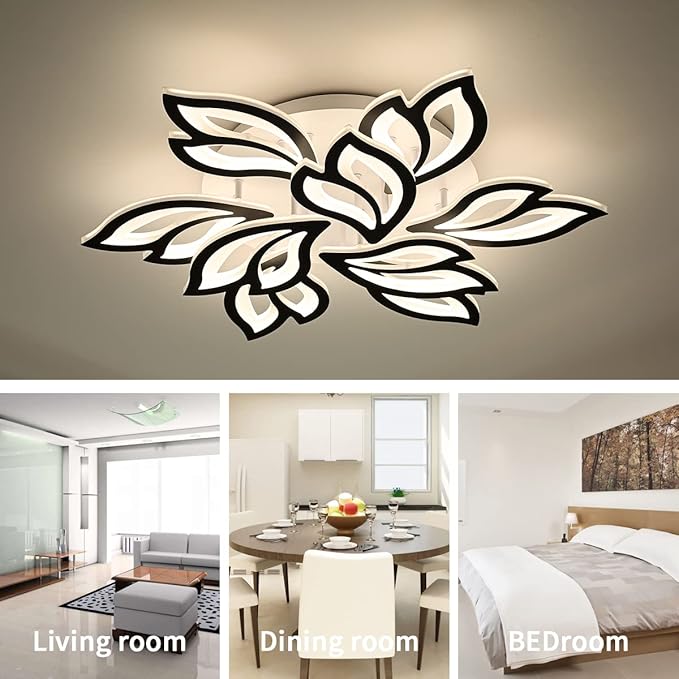 Garwarm LED Ceiling Light, Dimmable Modern Flower Shape Flush Mount Ceiling Lamp, 75W Acrylic Petals Ceiling Chandelier Lighting with Remote Control for Living Room Bedroom Dining Room (Black)