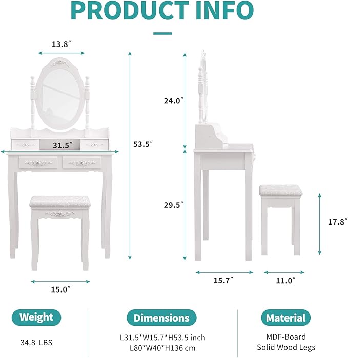 Vanity Table Set ,Makeup Table with Oval Mirror & Stool, Bedroom Wood Dressing Table with 4 Drawers White