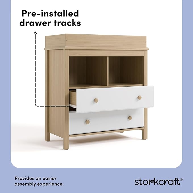 Storkcraft Alpine Nursery Changing Table Dresser Combo (White with Driftwood) – GREENGUARD Gold Certified, Dresser for Nursery, Changing Table with Drawers, Removable Changing Table Topper