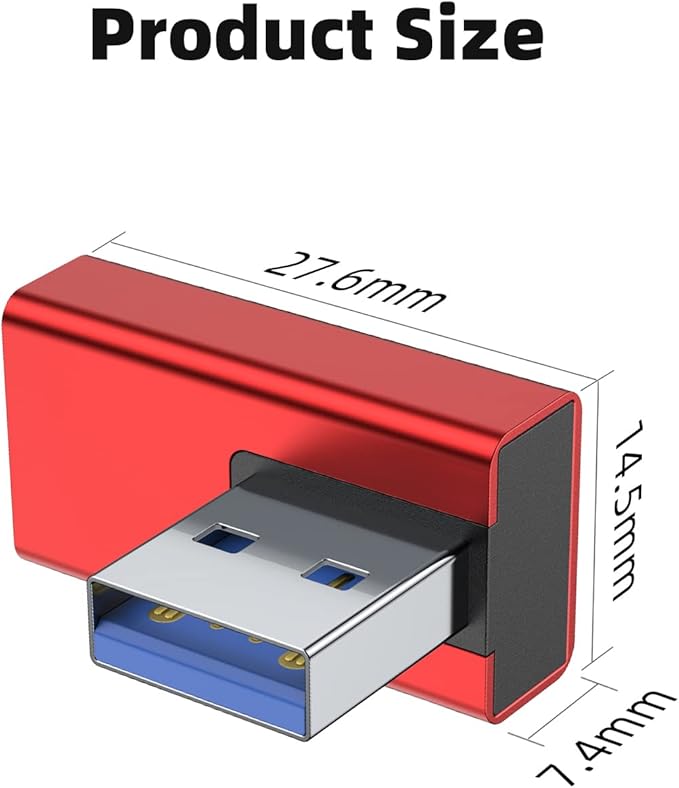 AreMe 90 Degree USB 3.0 Adapter 2 Pack, Left and Right Angle USB A Male to Female Converter Extender for PC, Laptop, USB A Charger, Power Bank and More (Red)