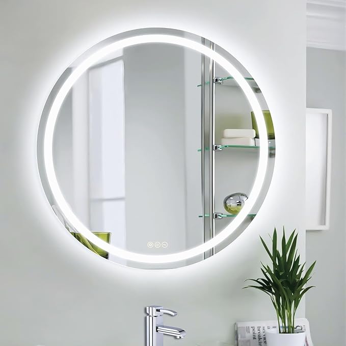 Wall-Mounted LED Round Bathroom Mirror, Makeup Mirror (24 inches x 24 inches,) 3 Color Stepless Dimmable Memory Bathroom Vanity Mirror with Lights CRI90+ 3000-6400K Smart Mirror with Touch