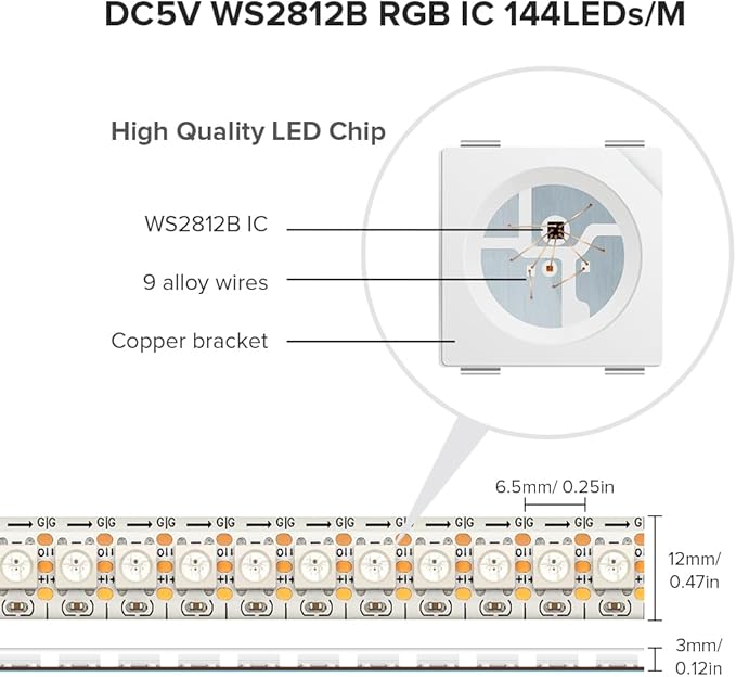SEZO WS2812B LED Strip Light 3.3FT/1M 144LEDs/m Individually Addressable Programmable 5050SMD Digital RGB Alloy Wires Flexible Dream Color IP65 Waterproof PCB White DC5V