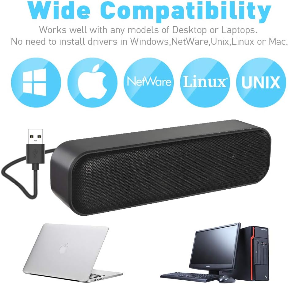 ZETIY Updated Computer Speaker, USB Powered Mini Sound Bar for Desktop, Windows PC, Mac, Plug and Play with Volume