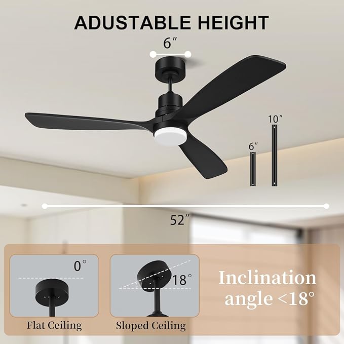 Obabala 52inch Ceiling Fan with Light and Remote Control Outdoor Ceiling Fan with 3 Blades Wood Reversible DC Motor for Patio, Porch, Bedroom, Living Room (Black)