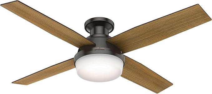 Hunter 52 inch Indoor Ceiling Fan with LED Light and Remote Control - Bronze Modern Ceiling Fan, Low Profile Mount, 4 Blades, For Bedroom, Living Room, or Kitchen, Quiet - Dempsey 59447, Noble Bronze