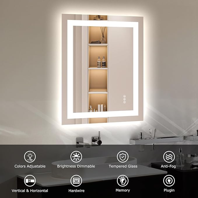 24X30 LED Bathroom Mirror with Lights, Anti-Fog, Dimmable, Backlit + Front Lit, Smart Bathroom Vanity Mirror, Memory Function, Shatterproof, Tempered Glass (Horizontal/Vertical)