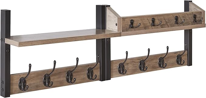 YMYNY 31.5" Coat Rack Wall Mount with Shelf, 4 in 1 Key and Coat Hanger with 12 Metal Hooks, Wall Shelf with Hooks & Mail Holder for Living Room, Bedroom, Silver Gray, HWS007Y-2