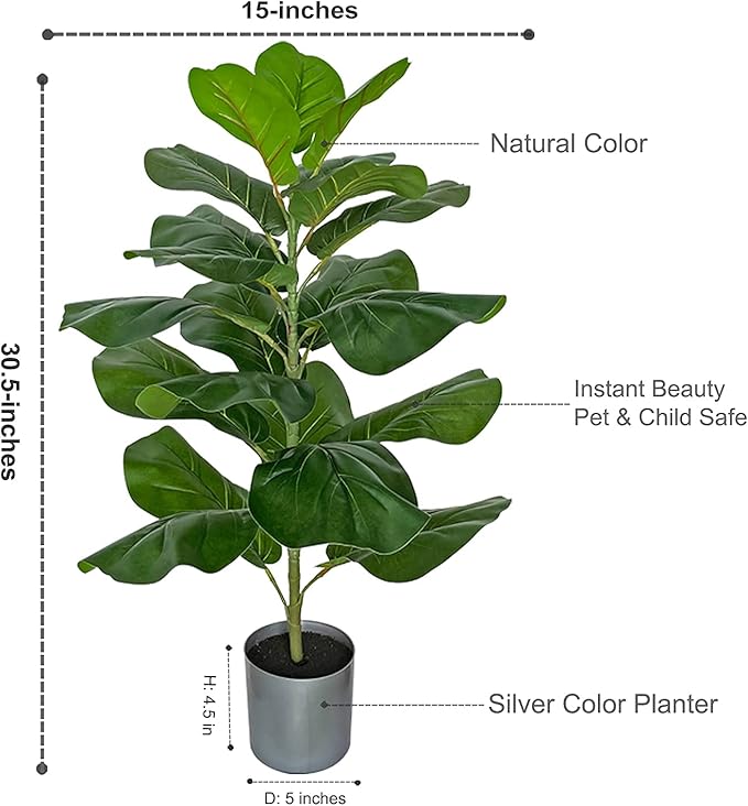 BESAMENATURE 30.5" Little Artificial Fiddle Leaf Fig Tree/Faux Ficus Lyrata for Home Office Decoration, Ships in Silvery Gray Planter