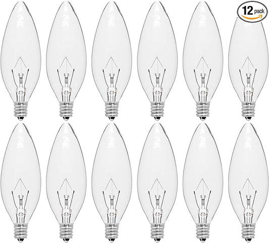 12-Pack E12 Candelabra Light Bulbs 40W Warm White 2500K, 380 Lumen Chandelier Light Bulb for Ceiling Fan, Indoor or Outdoor, B10 Clear Incandescent Candle Bulbs, Dimmable