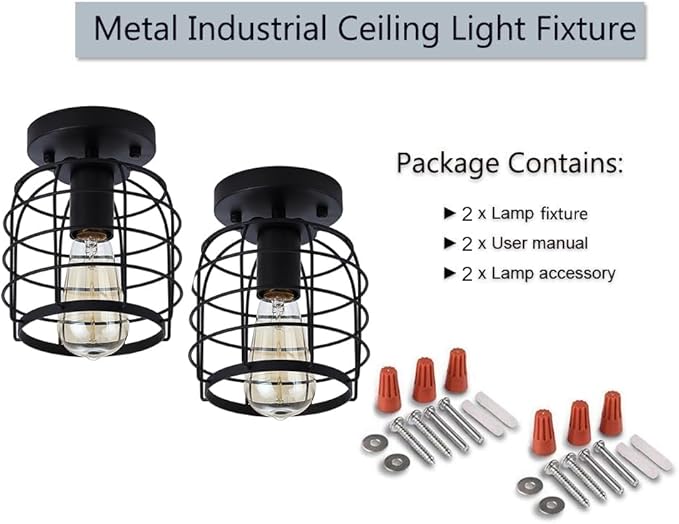 Create For Life® Industrial Vintage Flush Mount Ceiling Light,Rustic Metal Cage Semi Flush Mount Ceiling Lamp Fixture for Hallway Stairway Kitchen Garage, E26, Black Finish,2 Pack