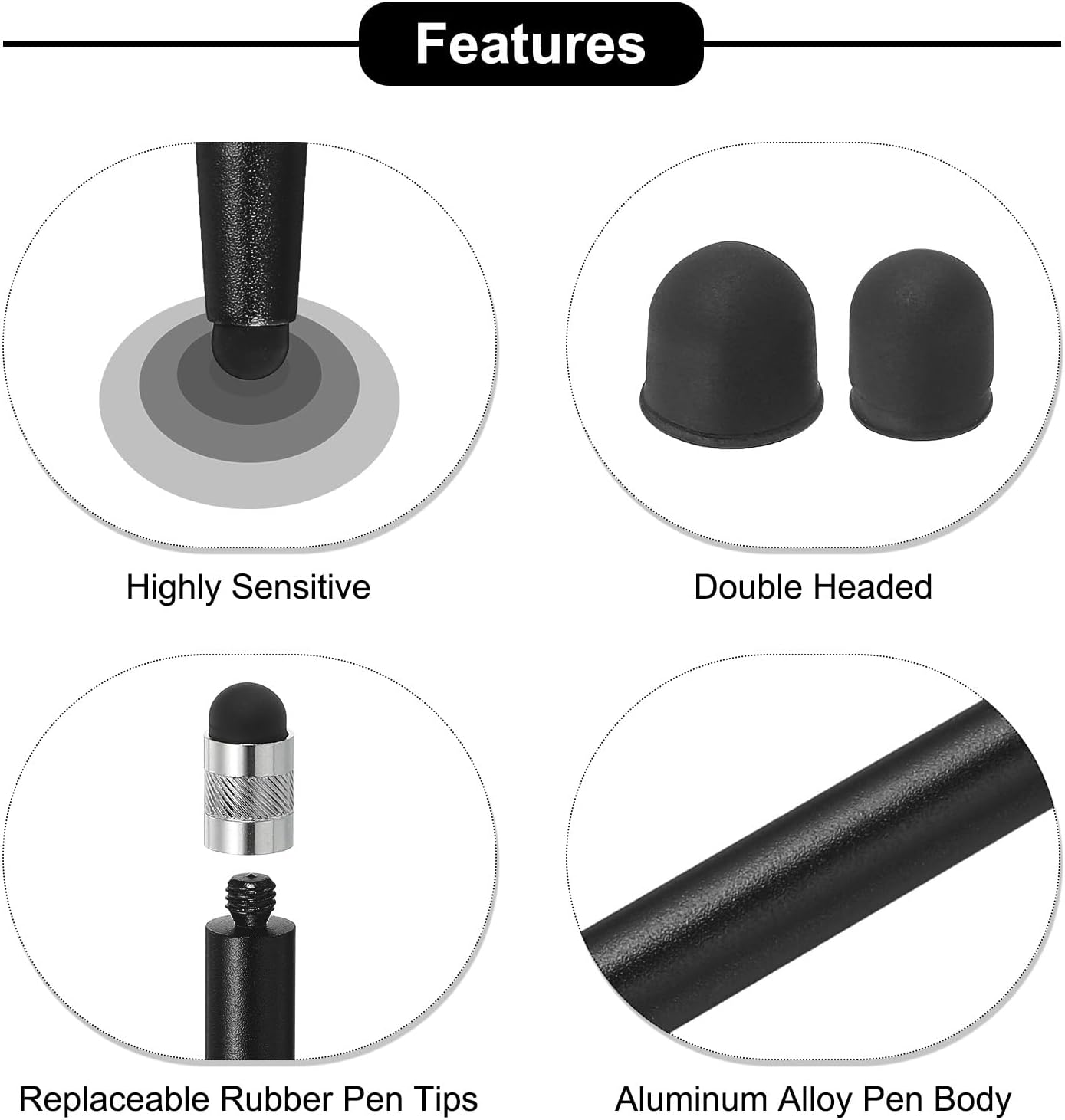 MECCANIXITY 2pcs Stylus Pens for Touch Screens with 4 Extra Tips, Dual Rubber Tips, Universal Tablet Pen (Black Silver).