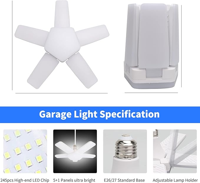 LED Garage Lights 2 Pack, The New 100W Deformable LED Shop Lights with 5 Adjustable Panels, E26/E27 LED Ceiling Light, 10000LM 6500K Hight Bay Light for Basement Warehouse Workshop