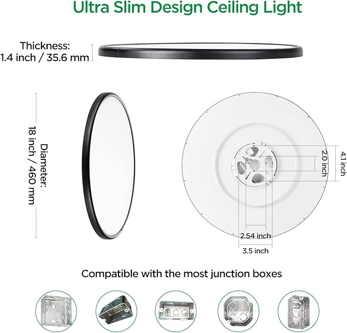 TALOYA 18 Inch Black Flush Mount Led Ceiling Light Fixture for Living Room Dining Room Ultra-Thin Round Surface Mounted Fixture Brightness Dimmable Equivs to 260W Traditional Led Bulb