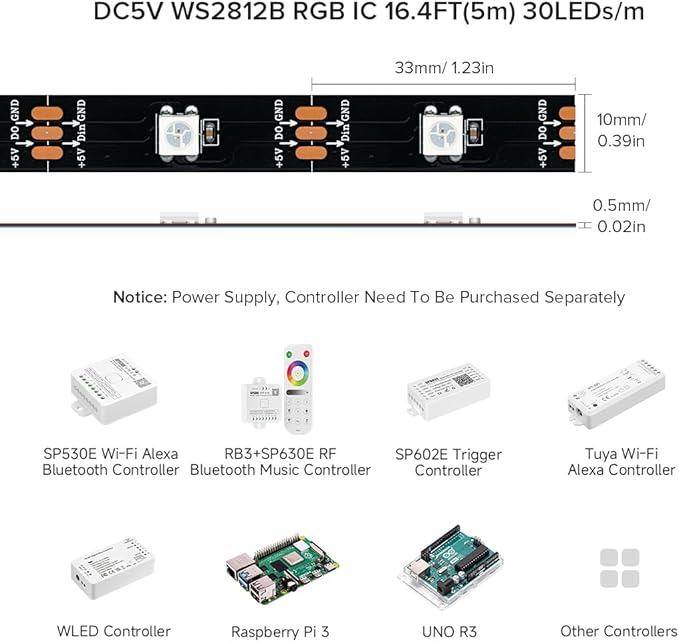 BTF-LIGHTING WS2812B RGB ECO LED Strip, Chasing Effects 5050SMD Individually Addressable 16.4FT 30Pixels/m 150Pixels Flexible Dream Color IP30 for Bedroom DIY Project DC5V(No Adapter or Controller)