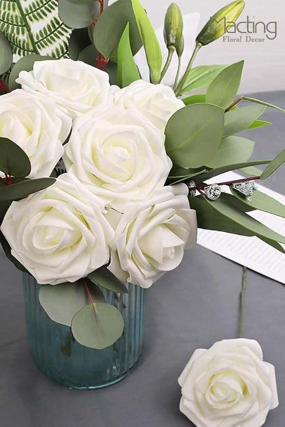MACTING Artificial Flower Roses 30PCS Real Looking Fake Roses with Stem Ivory Foam Flowers for DIY Wedding Flower Bouquets Table Centerpieces Party Baby Shower Home Spring Mothers Day Decorations