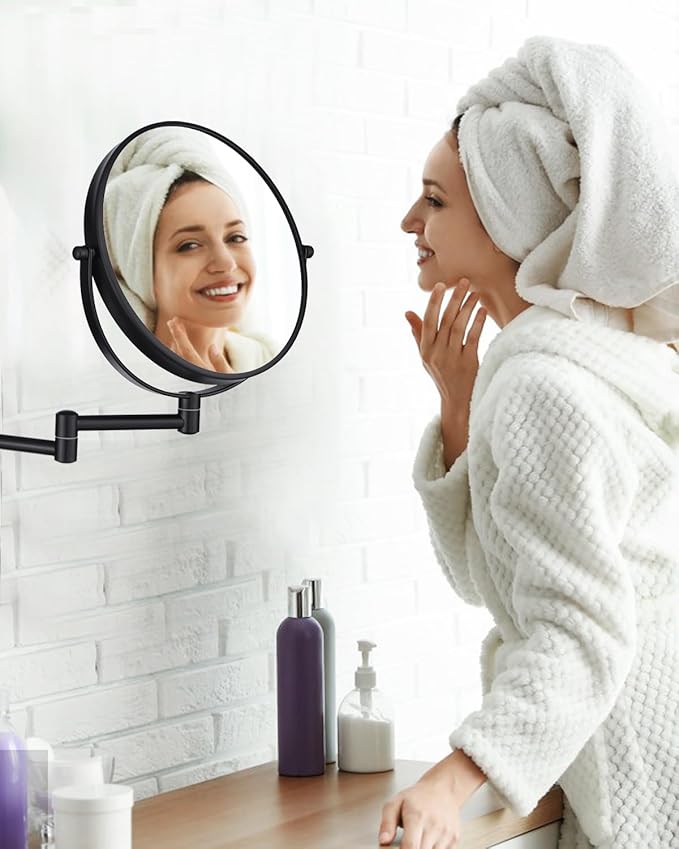 Wall Mounted Makeup Mirror - 1X/10X Magnifying Mirror for Wall, 8 Inch Double Sided 360° Swivel Extendable Bathroom Mirror for Shaving, Black