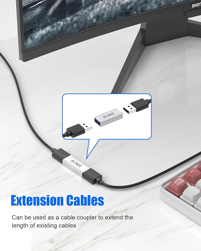 BOMIE USB Female to Female Adapter 4 Pack, USB 3.0 Type-A Female to Female Extension Adapter Connector, 5Gbps Data Transfer and Charging for Connecting Extension Two USB-A Male Ends Cable Silver