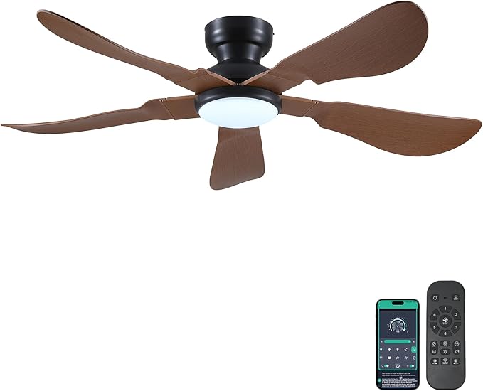 52 Inch Modern Ceiling Fans with Lights, Flush Mount Ceiling Fan with Light and Remote/APP Control, 5 Reversible 6 Speeds Curved Blades, 3 CCT Dimmable Lights for Kids Room, Brown