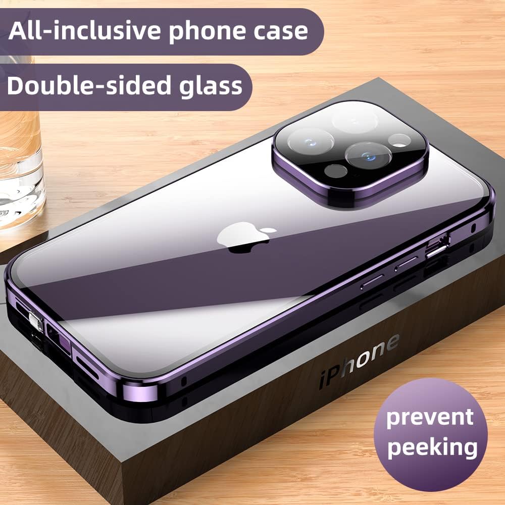 HENGHUI Anti-Peep Lockable Case for iPhone 14 Pro Max, Gold, Magnetic Glass, Camera Lens & Privacy Screen Protector,