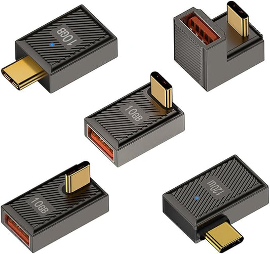 5 Pack USB-C to USB-A Adapter, 10Gbps 120W with LED, Compatible with Laptop, Tablet,Smartphone (Straight+U Type+Positive Bend+90 Degree Angle+Side Bend USB-C to USB-A with LED Indicator)