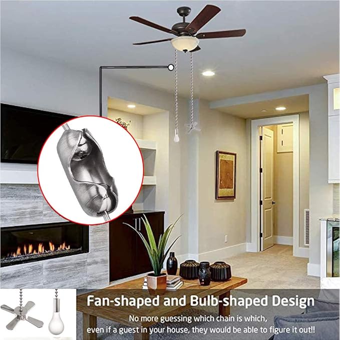 Ceiling Fan Pull Chain Ornaments Extension Chains with Decorative Light Bulb and Cord 13.6 Inches Fan Pull Chain Set For Ceiling Light Lamp Chain (Nickel)