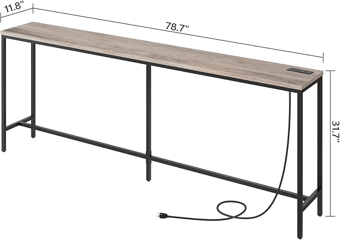 78.7" Console Table with Power Outlet, 11.8" Wide Narrow Sofa Table, Industrial Entryway Table with USB Ports, Behind Couch for Entryway, Hallway, Foyer, Living Room, Greige CTHG320E01