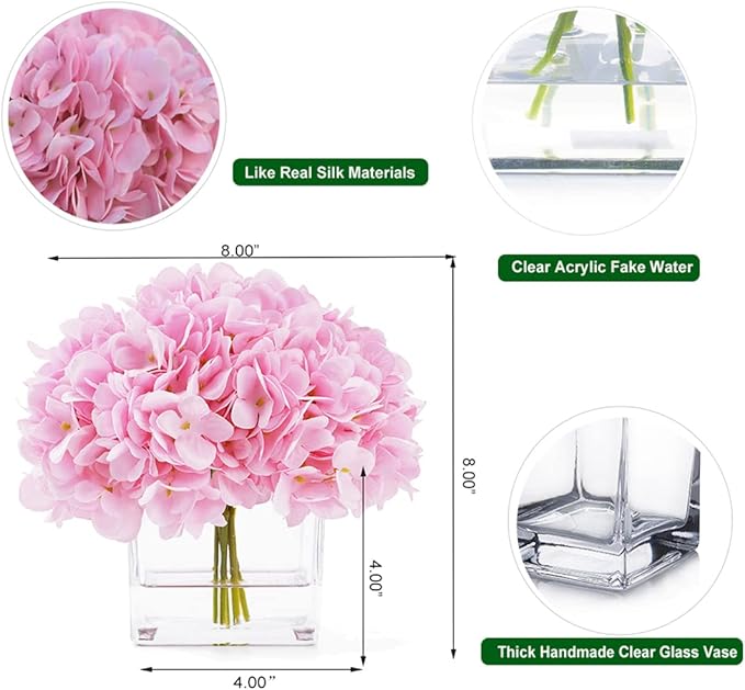 Silk Pink Hydrangea Artificial Flowers in Vase with Faux Water, Silk Flower Arrangements in Vase for Home Decor, Wedding Table (Pink)