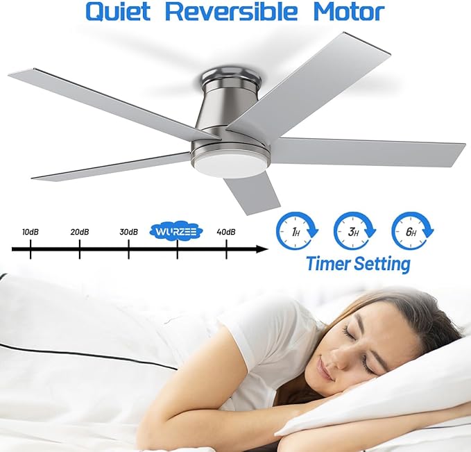 wurzee 52" Flush Mount Ceiling Fan Brushed Nickel Ceiling Fan 6 Speeds DC Reversible Motor, Timing, Dimmable, 5 Blades for Bedroom,Living, Dining Indoor Patio Porch Garage Shop
