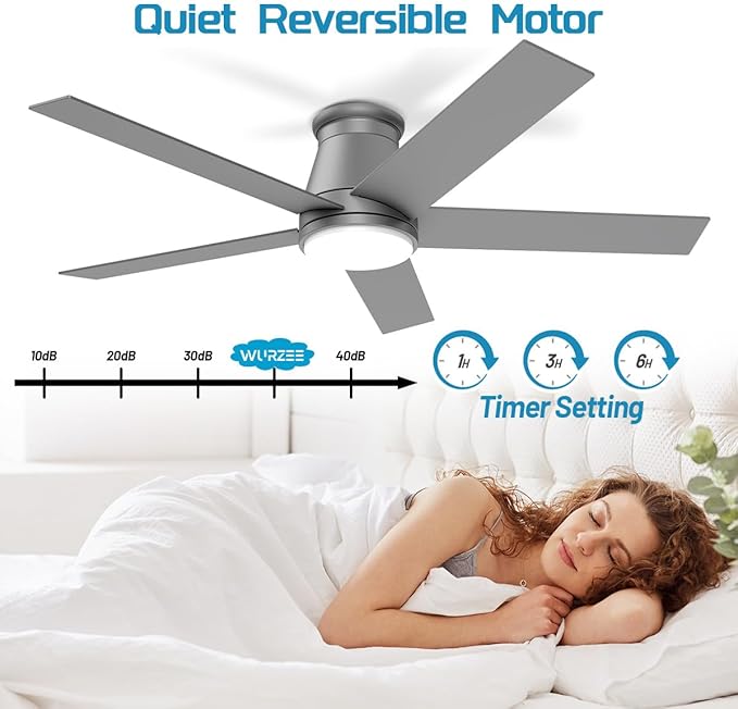 wurzee 52 Inch Flush Mount Ceiling Fan, Matte Silver Ceiling Fan with Light, Reversible DC Motors, Dimmable,Timer, Noiseless, Ceiling fan for Indoor & Outdoor Farmhouses, Dining Rooms