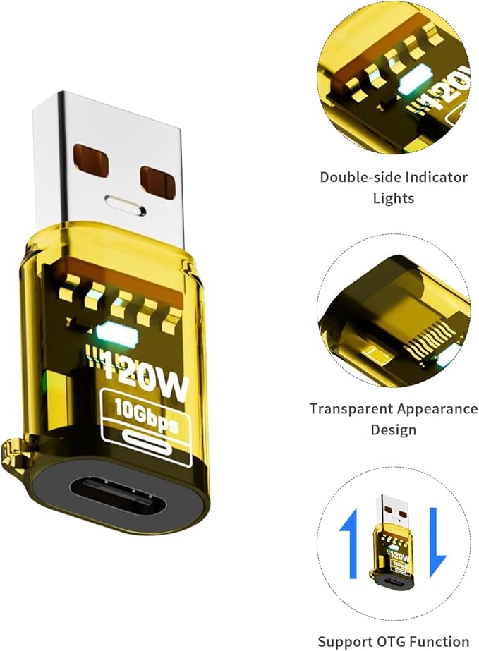 Poyiccot 4Pack 10Gbps USB C Female to USB Male Adapter 120W USB 3.2 Type C to Type A Charger Connector with Double-Side LED Comaptible for iPhone 15 16 Plus Pro Max, Laptop, Charger, Earphone, Yellow