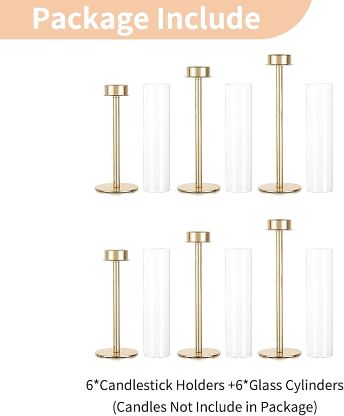 NUPTIO Hurricane Glass Candle Holders: Set of 6 Tall Gold Metal Candlestick Holder with Chimney Tube Brass Tiered Taper Candles Stands for Christmas Holiday Party Decoration 23.6 & 21.7 & 19.7 in