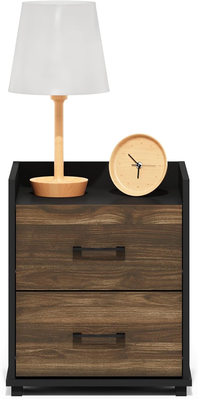Furinno End Side Night Stand Modern Bedroom Bedside Tables Handle 2 Chest Nightstand, 1-Pack Drawer, Columbia Walnut/Black