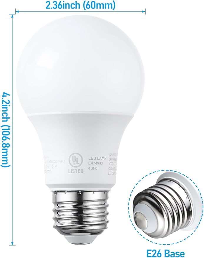TORCHSTAR A19 LED Light Bulbs 60W Equivalent, UL Listed, 5000K Daylight, Dimmable, 9W, 800lm, Flicker Free, E26 Standard Base LED Bulb for Ceiling Fan, Lamp, 15,000hrs, Pack of 6