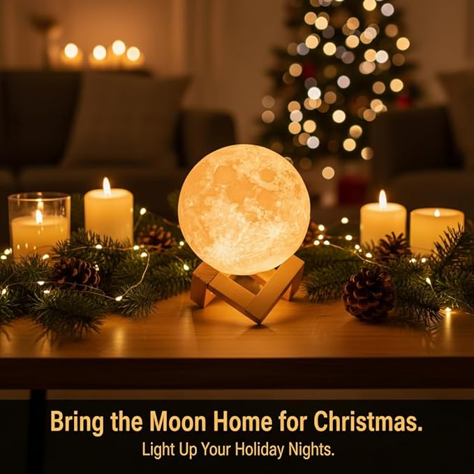 Mydethun Moon Lamp 3D Night Light - 5.9' Christmas Table Decor w/Wooden Base, Gift for Women, Mom & Kids, Bedroom Decor w/Touch-Dimmable & USB Rechargeable, Dual-Color White/Warm Yellow