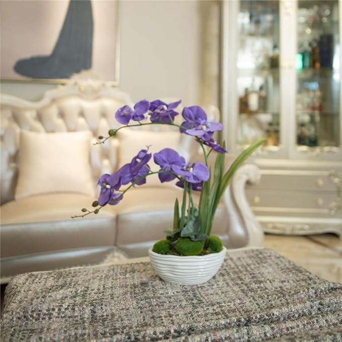 Large Artificial Potted Orchid Plant, Silk Flower Arrangement with Ceramics Vase, Purple