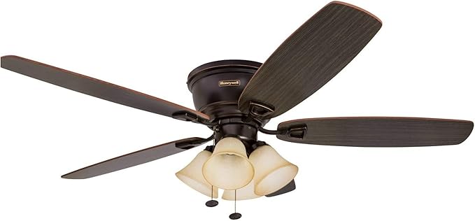 Honeywell Ceiling Fans Glen Alden, 52 Inch Classic Flush Mount Indoor LED Ceiling Fan with Light, Pull Chain, Quick-2-Hang Dual Finish Blades, Reversible Motor - 50183 (Oil Rubbed Bronze)