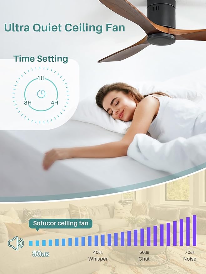Sofucor 52 Inch Smart Ceiling Fan Without Lights Flush Mount Solid Wood Ceiling Fan with Alexa/Google Assistant/APP/Remote Control-Modern Outdoor Ceiling Fans No Light for Bedroom/Patio, Brown Black