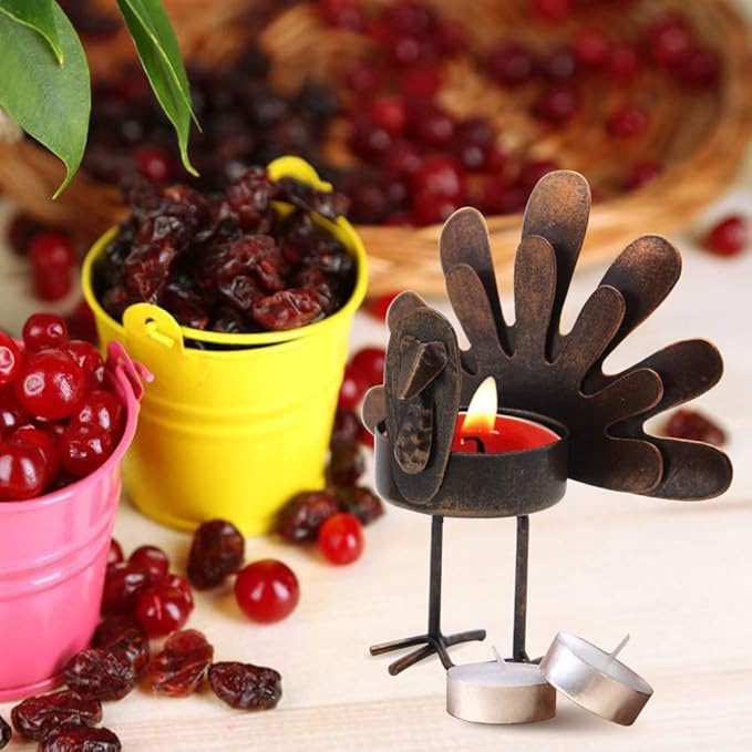 MorTime 12 Pack Turkey Tealight Candle Holders, Bronze Finished Metal Tea Light Candleholders, Thanksgiving Sitting Standing Turkey Holders Set for Table Kitchen Thanksgiving Decorations