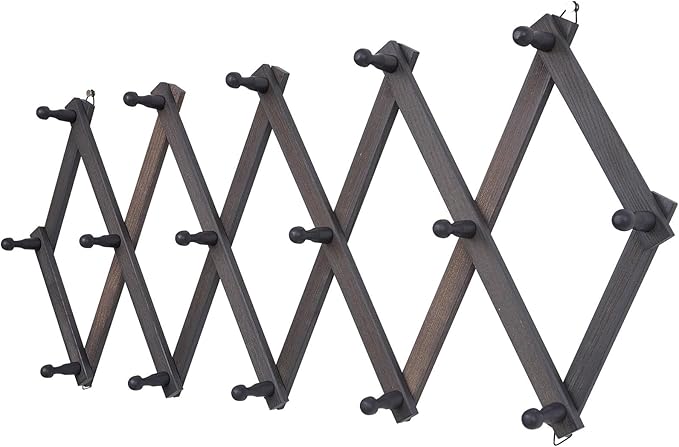 Rustic Wall Mounted Hat Rack with Space Saving Accordion Design, Expandable Hat Holder with 16 Wood Hooks, Modern Farmhouse Wall Hanger for Mug, Coat, Bags(Shabby Grey)