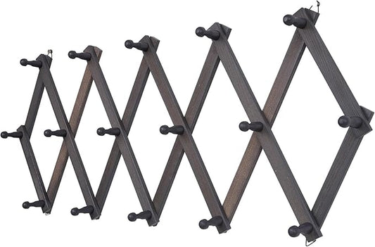 Rustic Wall Mounted Hat Rack with Space Saving Accordion Design, Expandable Hat Holder with 16 Wood Hooks, Modern Farmhouse Wall Hanger for Mug, Coat, Bags(Shabby Grey)