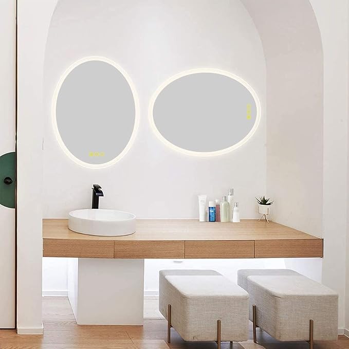 Wall-Mounted LED Oval Bathroom Mirror, Makeup Mirror (28 inches x 20 inches,) 3 Color Stepless Dimmable Memory Bathroom Vanity Mirror with Lights CRI90+ 3000-6400K Smart Mirror with Touch