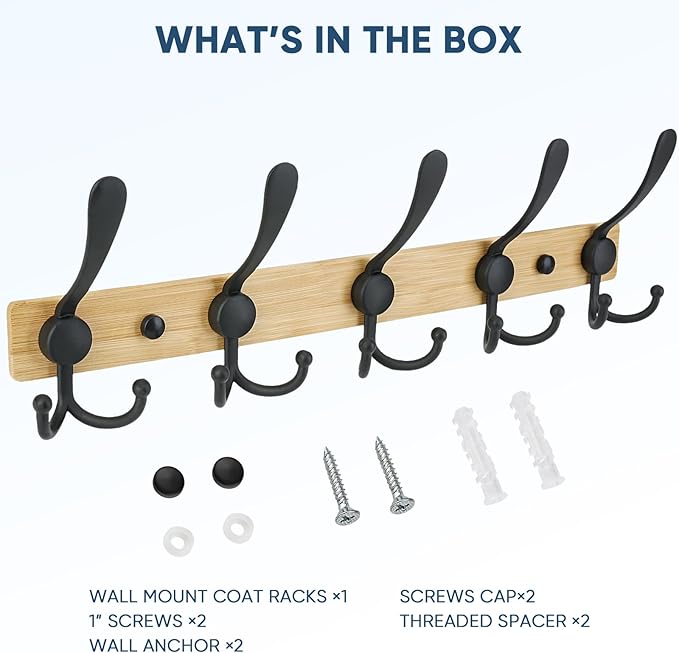 TICONN Wall Mounted Coat Rack, Five Heavy Duty Tri Hooks All Metal Construction for Jacket Coat Hat in Mudroom Entryway (Wood Black, 1-Pack)