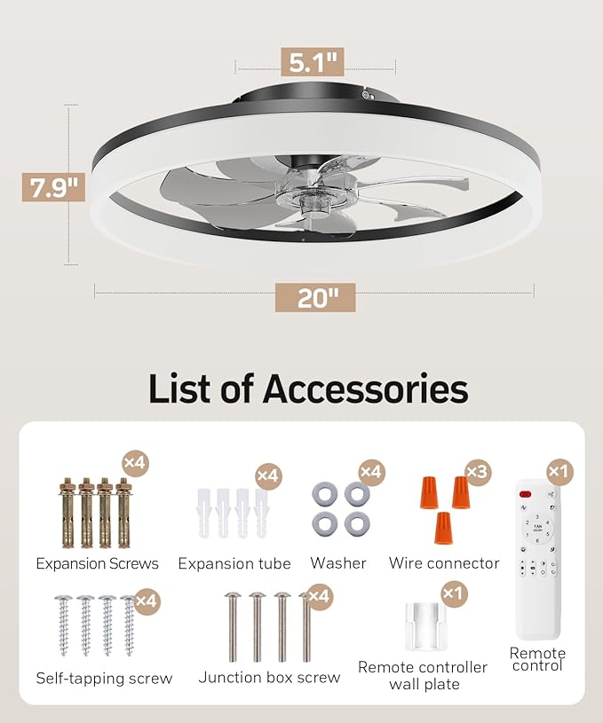 Smart Ceiling Fans with Light and Remote,20'' Low Profile Ceiling Fan with 6-Speed & Dimmable LED, Alexa/APP Home Voice Control, App, Reversible Airflow, App Timer, for Beedroom（Black）