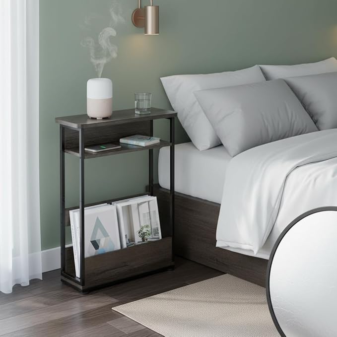 Vintage Narrow Side Table with Storage Shelf, 3 Tier Slim End Table Modern Sofa Table for Narrow and Small Spaces, 24.6 Inch Height Bedside Table Nightstand (Grey, Large)