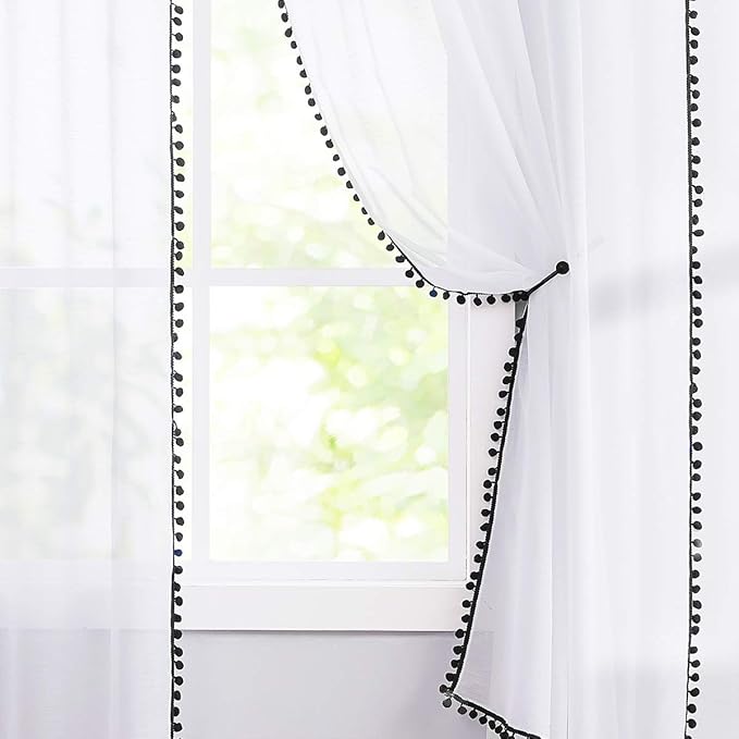 Treatmentex Sheer White Curtains with Black Pom Pom Curtains 84" Long Linen Textured Look Decorative Window Drapes Navy 52" w 1Pair