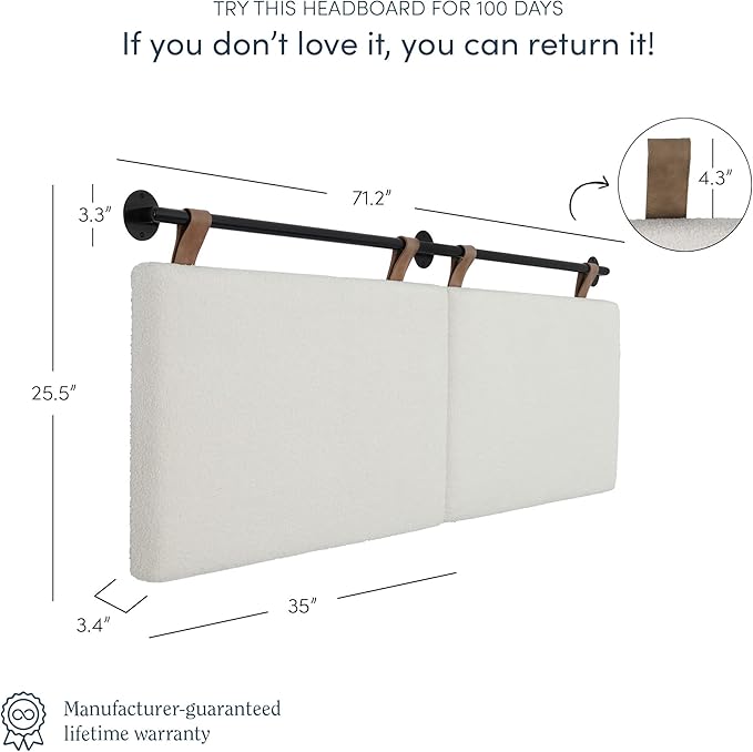 Nathan James Charlie Wall Mount Hanging Headboard, King, White Boucle with Brown Faux Leather Straps