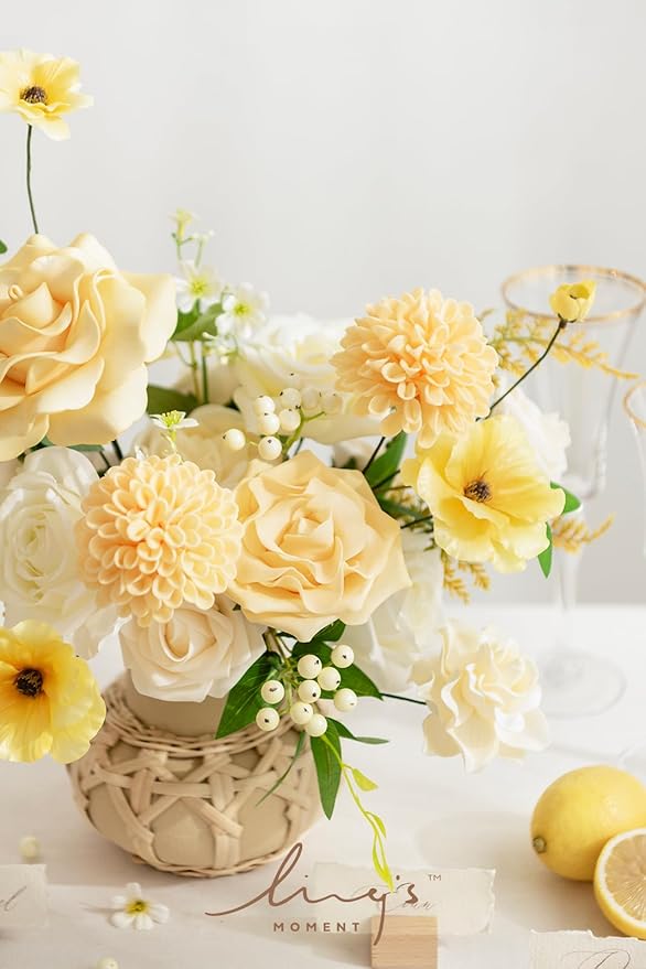 Ling's Moment Artificial Flowers Fake Silk Roses Faux Foam Dahlia Combo for DIY Wedding Bouquets Centerpieces Arrangements Bridal Shower Party Home Decorations, Creamy Yellow & Cream, 24pcs