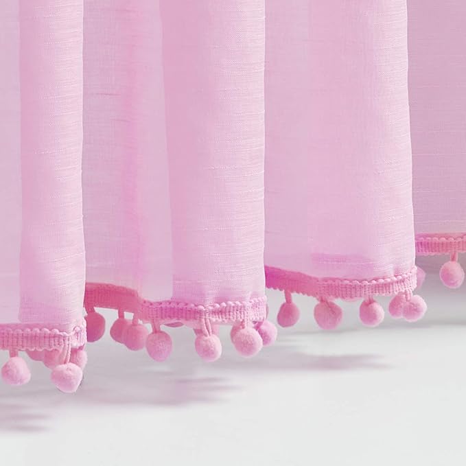 Treatmentex Pom-Pom Pink Sheer Curtains for Girl's Room 95 inches Linen Textured Look Red Sheer Window Draperies for Bedroom Living Room, 52" w x 2 Panels, Rod Pocket